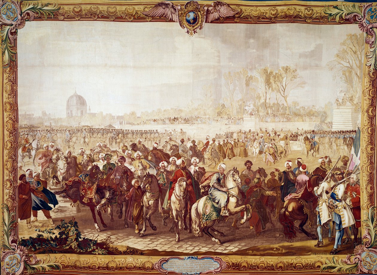 Saída do embaixador turco Mehmet Effendi do Tuileries Garden após a audiência concedida pelo rei Luís XV em 21/03/1721 tapeçaria do século XVIII. Paris, mobiliário nacional de Unknown artist