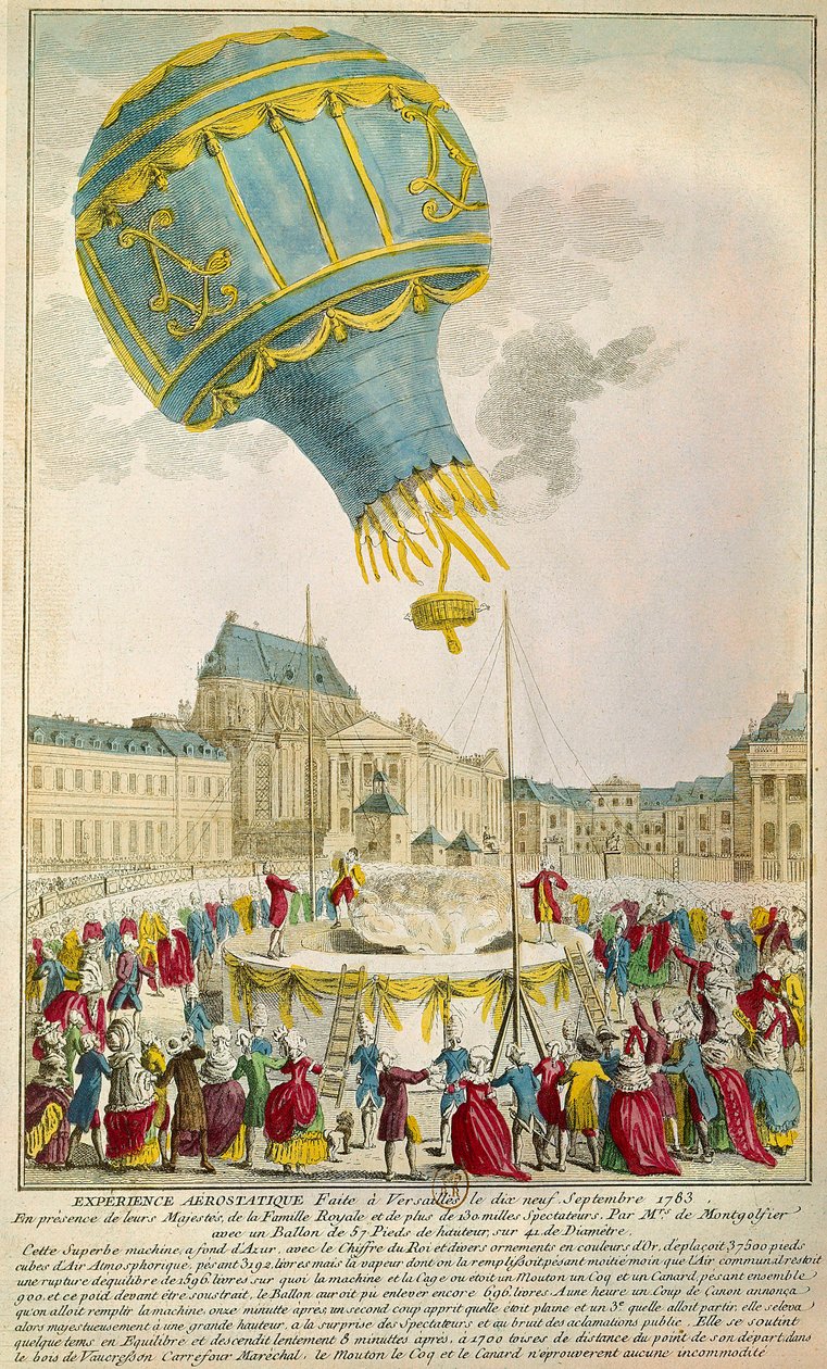 Experiência dos irmãos Montgolfier em 19/09/1783 em Versailles Paris. B N de Unknown artist