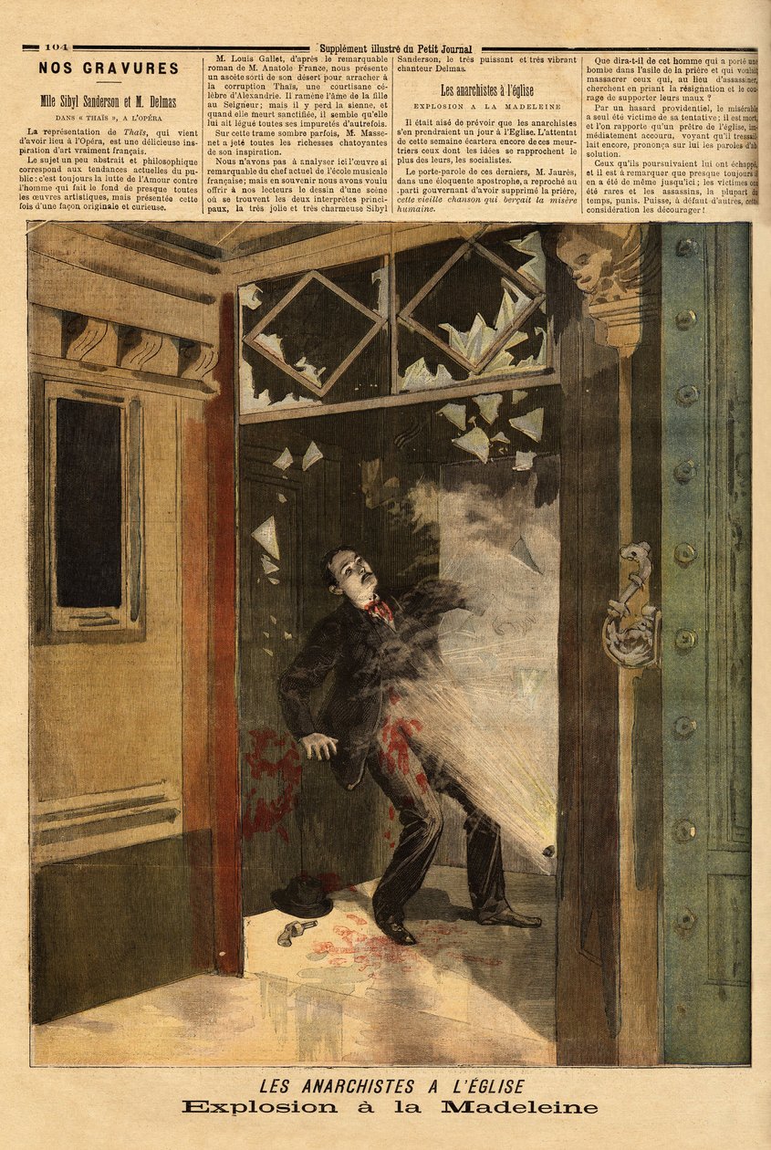 Explosão na igreja de La Madeleine em Paris, o criminoso anarquista, a única vítima, tem os efeitos da sua própria bomba. Gravação no "Le petit journal" 26/03/1894. A colecção da Selva. de Unknown artist