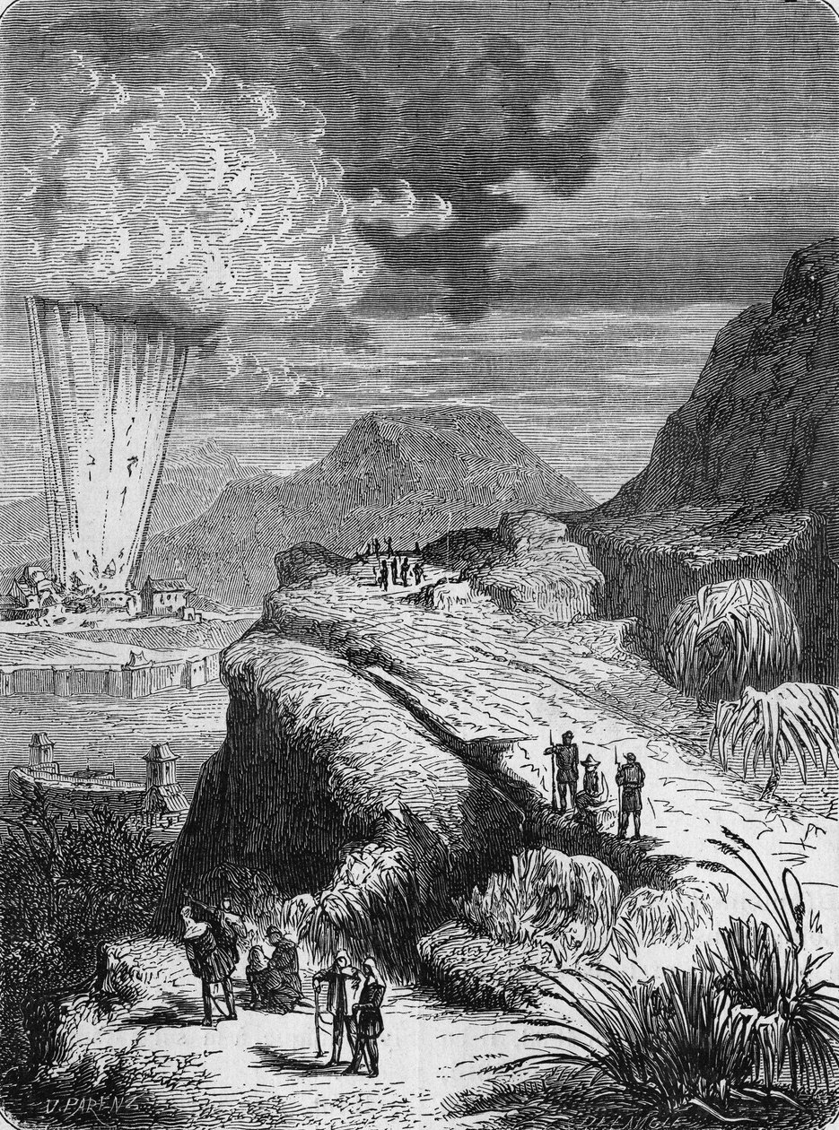 Explosão de Fort Pei-Ho, China, devido a uma máquina incendiada pela bobina de Ruhmkorff. In" Album de la Science", Éditions Jouvet de Unknown artist