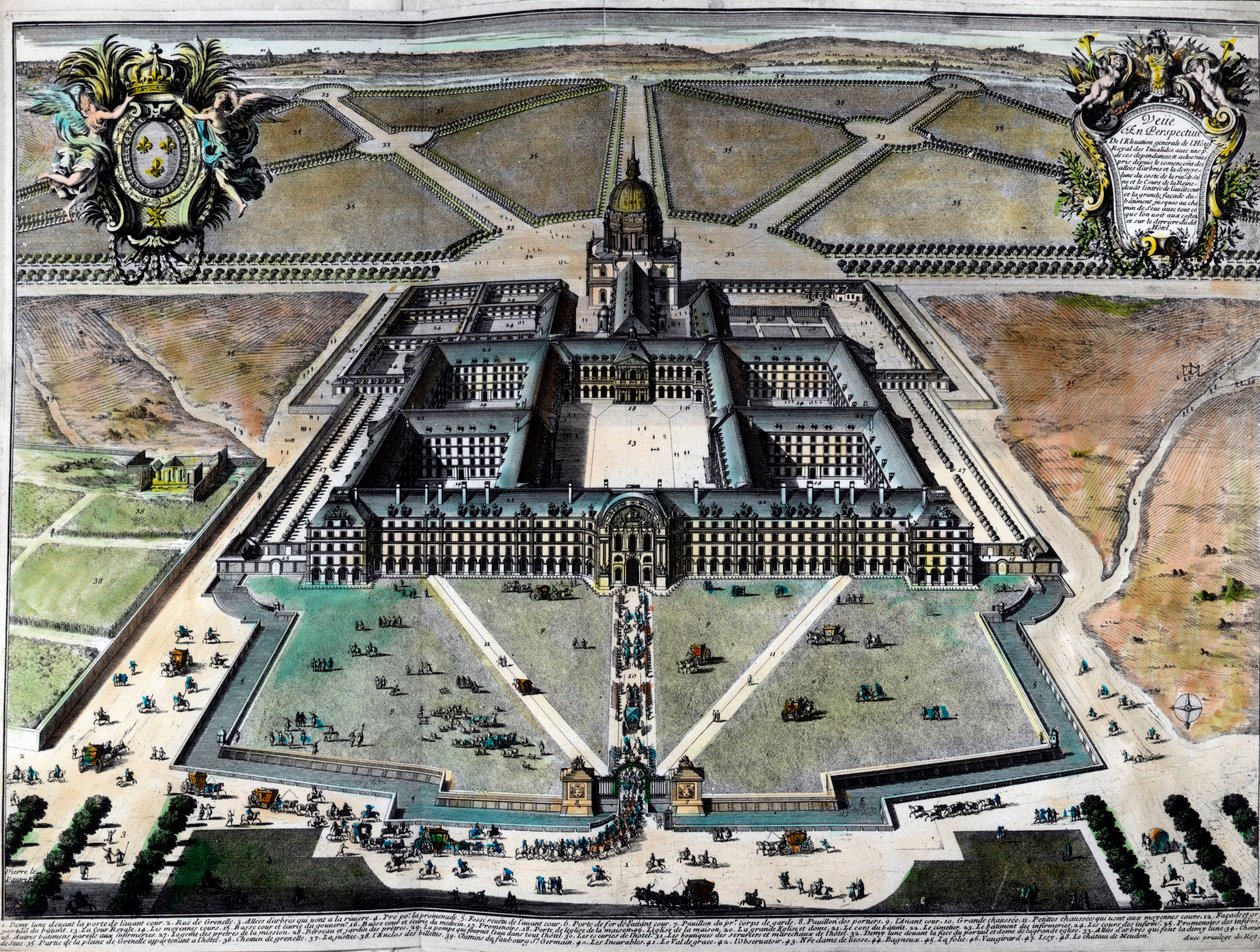 Vista exterior do hotel des Invalides em Paris, no século XVIII. Gravura do séc. XVIII. Colecção privada. de Unknown artist