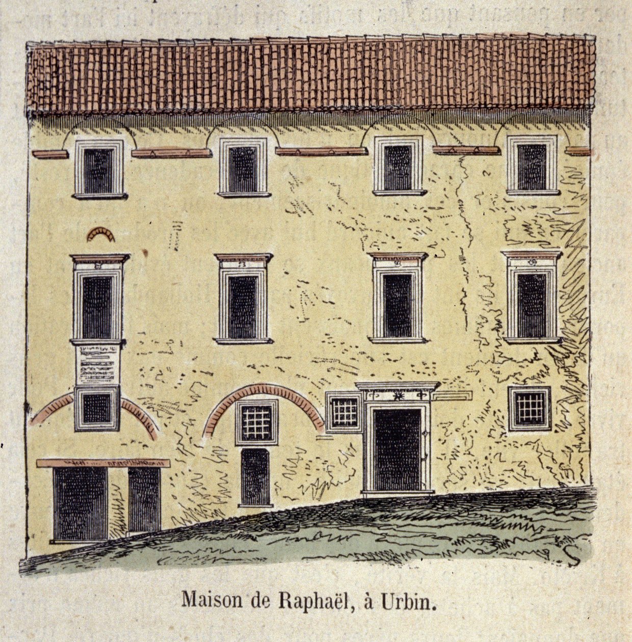Fachada da casa onde o pintor Raffaello Santi (Raphael) (1483 - 1520) viveu em Urbin, Itália de Unknown artist