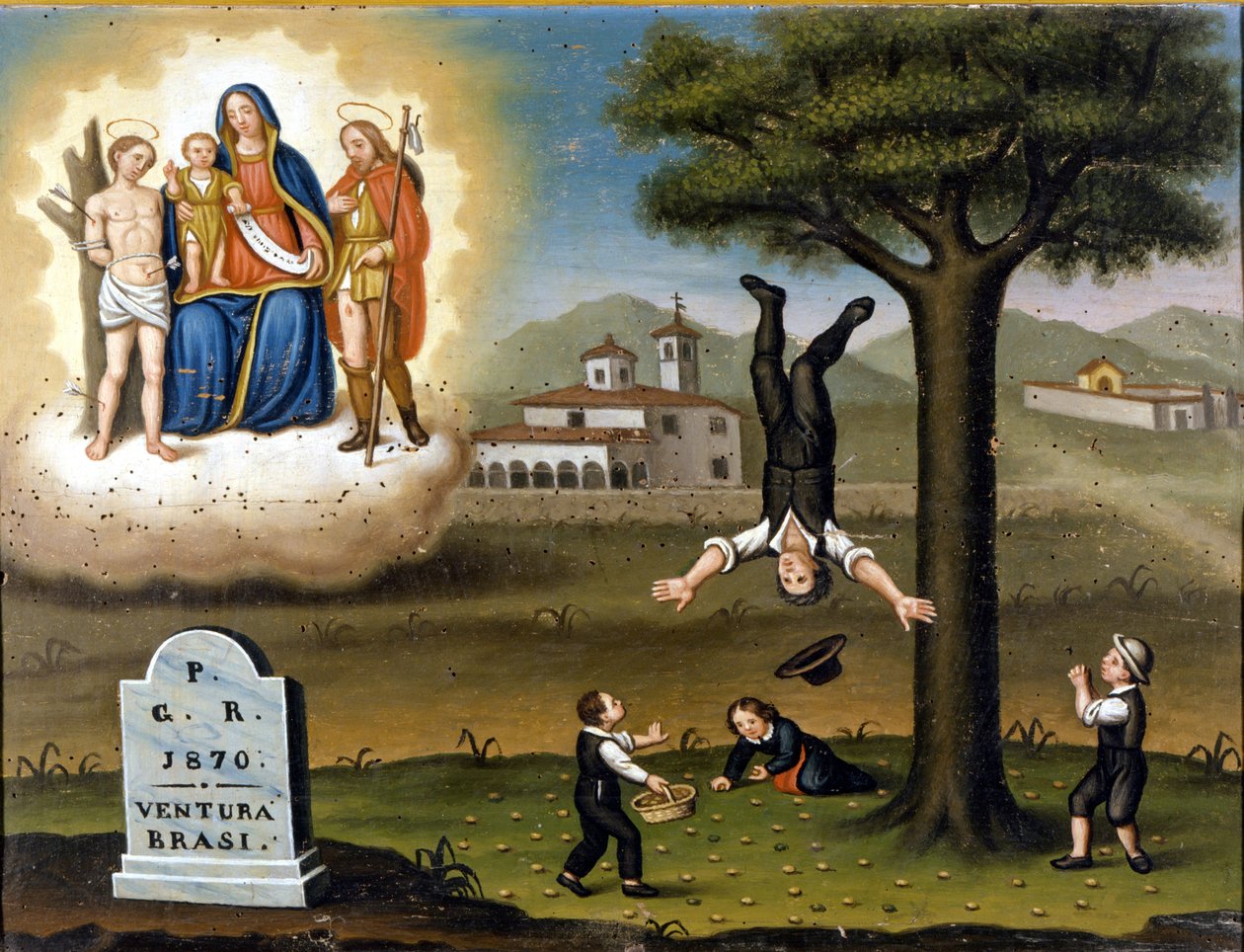Queda de uma árvore. No topo, à esquerda da Madonna entre San Sebastian e San Roch. Ex voto de 1870. de Unknown artist