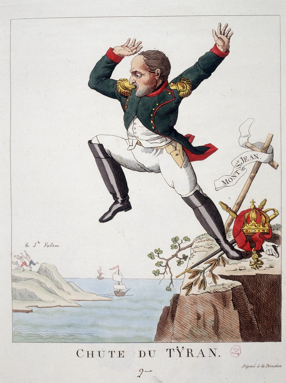 Queda do tirano: Napoleão saltando do Monte São João (A Batalha de Waterloo) para a Ilha de Santa Helena - em “” Napoleão 1º, caricaturas, coleção de bonecos ””, de Unknown artist