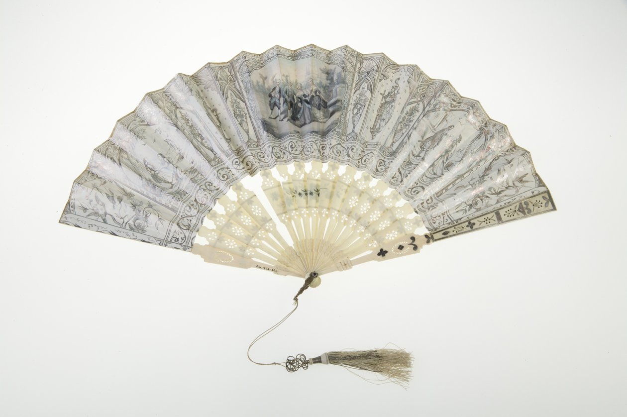 Ventilador, c.1850, Papel pintado, osso, prata e borla de fio de seda e metálico, Maker unknown de Unknown artist