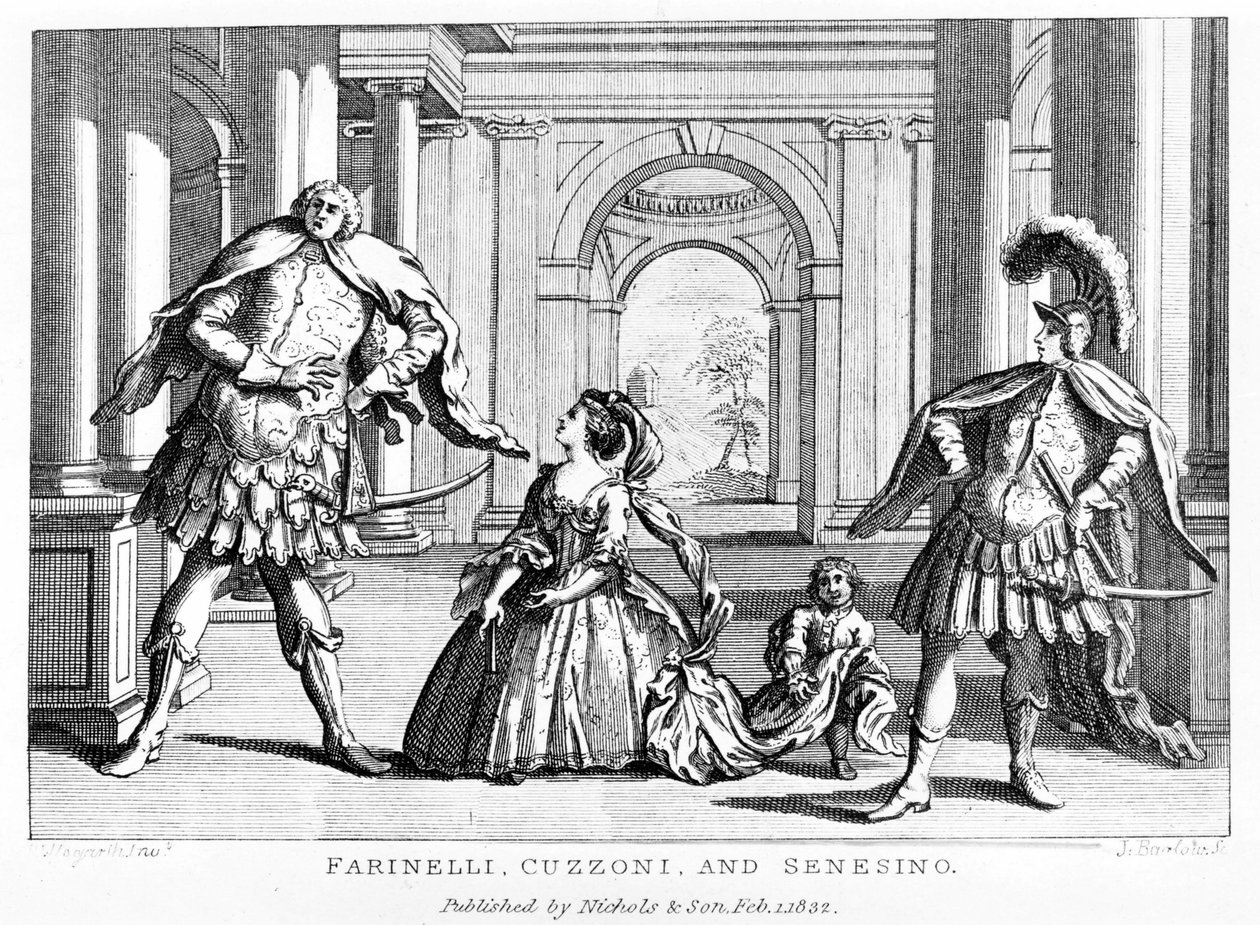 Farinelli (Carlo Broschi, dit; 1705 - 1782) com o soprano Cuzzoni e o castrado Francesco Bernardo Senesino (1680 - 1750) na ópera de George Frederick Handel (Georg Friedrich Handel de Unknown artist
