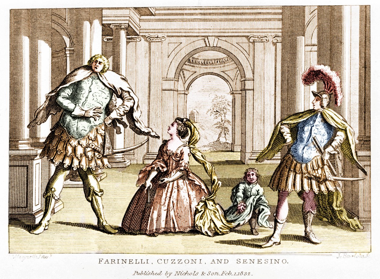 Farinelli (Carlo Broschi, dit; 1705 - 1782) com o soprano Cuzzoni e o castrado Francesco Bernardo Senesino (1680 - 1750) na ópera de George Frederick Handel (Georg Friedrich Handel de Unknown artist