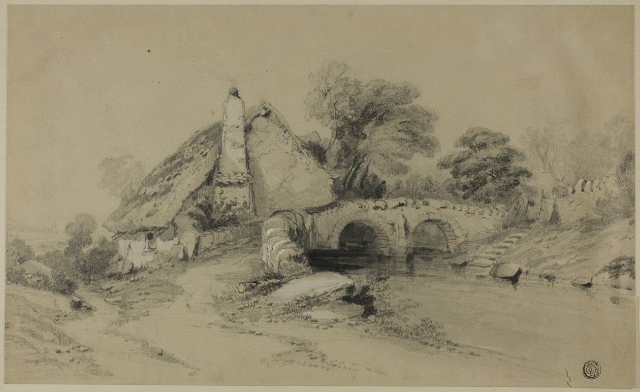 Fazenda com telhado de palha perto da ponte de pedra de Unknown artist