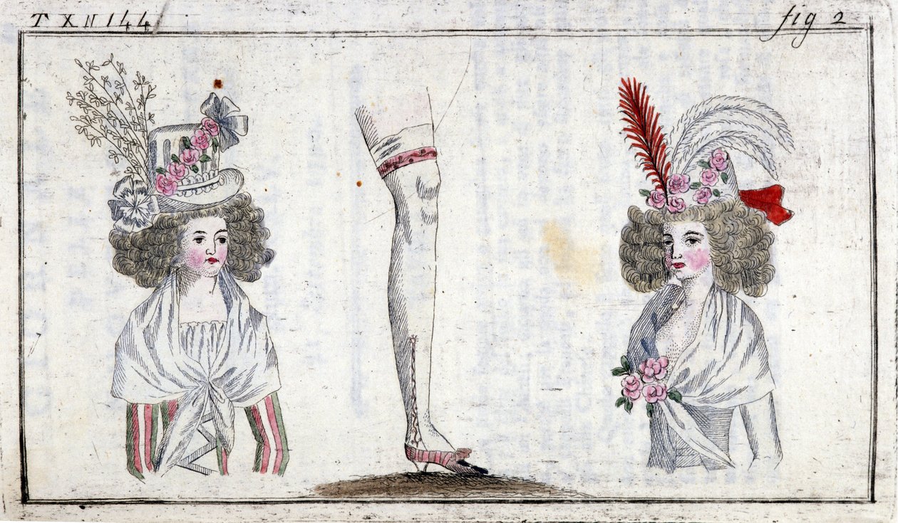 Moda século XVIII: penteado e ligas de mulher por volta de 1788. de Unknown artist