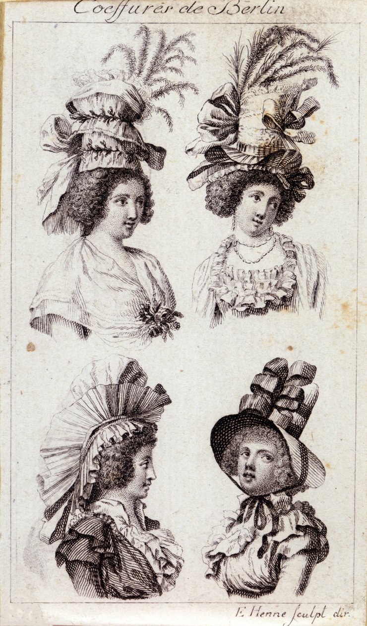 Moda século XVIII: os chapéus das mulheres de Berlim. Gravura a partir de 1793. de Unknown artist