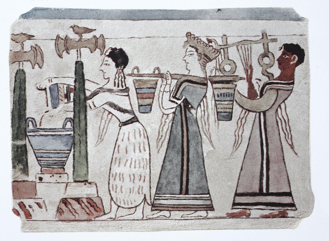 Moda, cultura fenícia do Egeu, 2000-500 B. C. Mulheres com baldes de água atrás de um harpista de Unknown artist