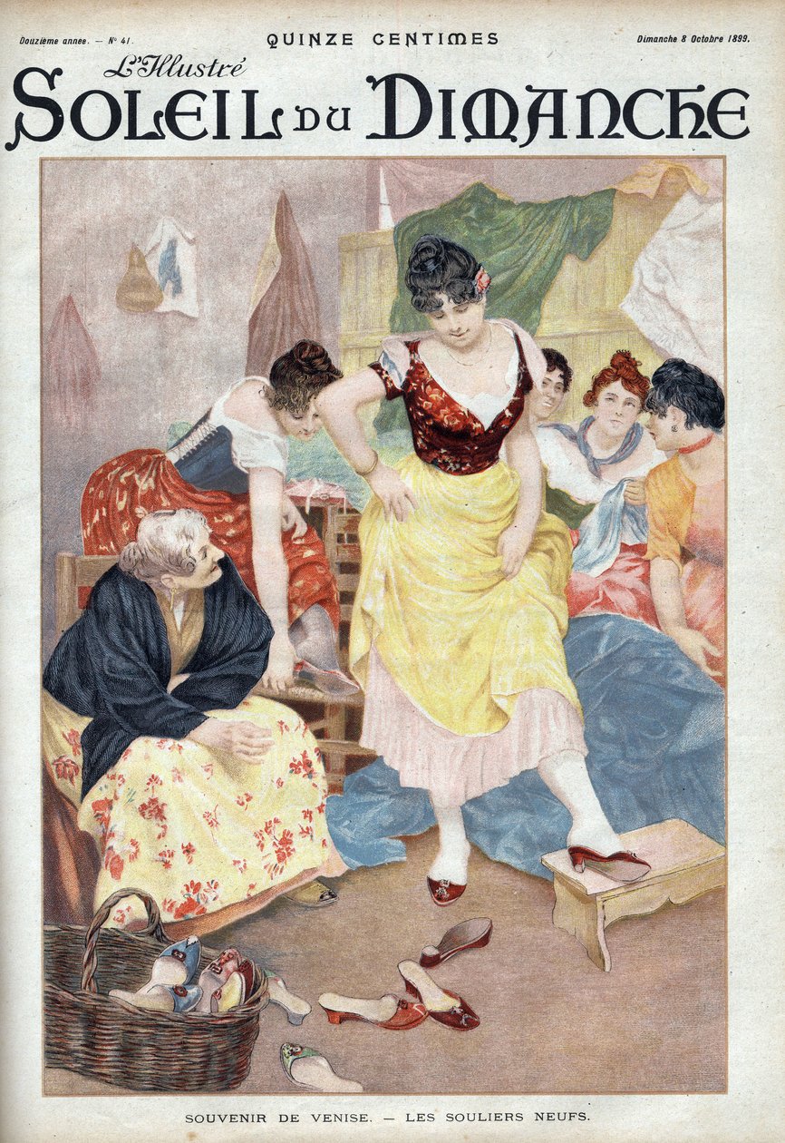 Moda do final do século XIX: novos sapatos de Veneza. Mulheres experimentando sapatos da cidade italiana. Gravura em "Le sun-du-dimanche", 8 de outubro de Unknown artist