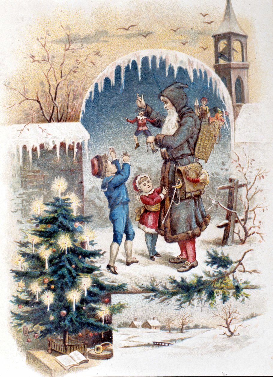 Pai Natal com filhos. Cromolitografia de 1892. de Unknown artist