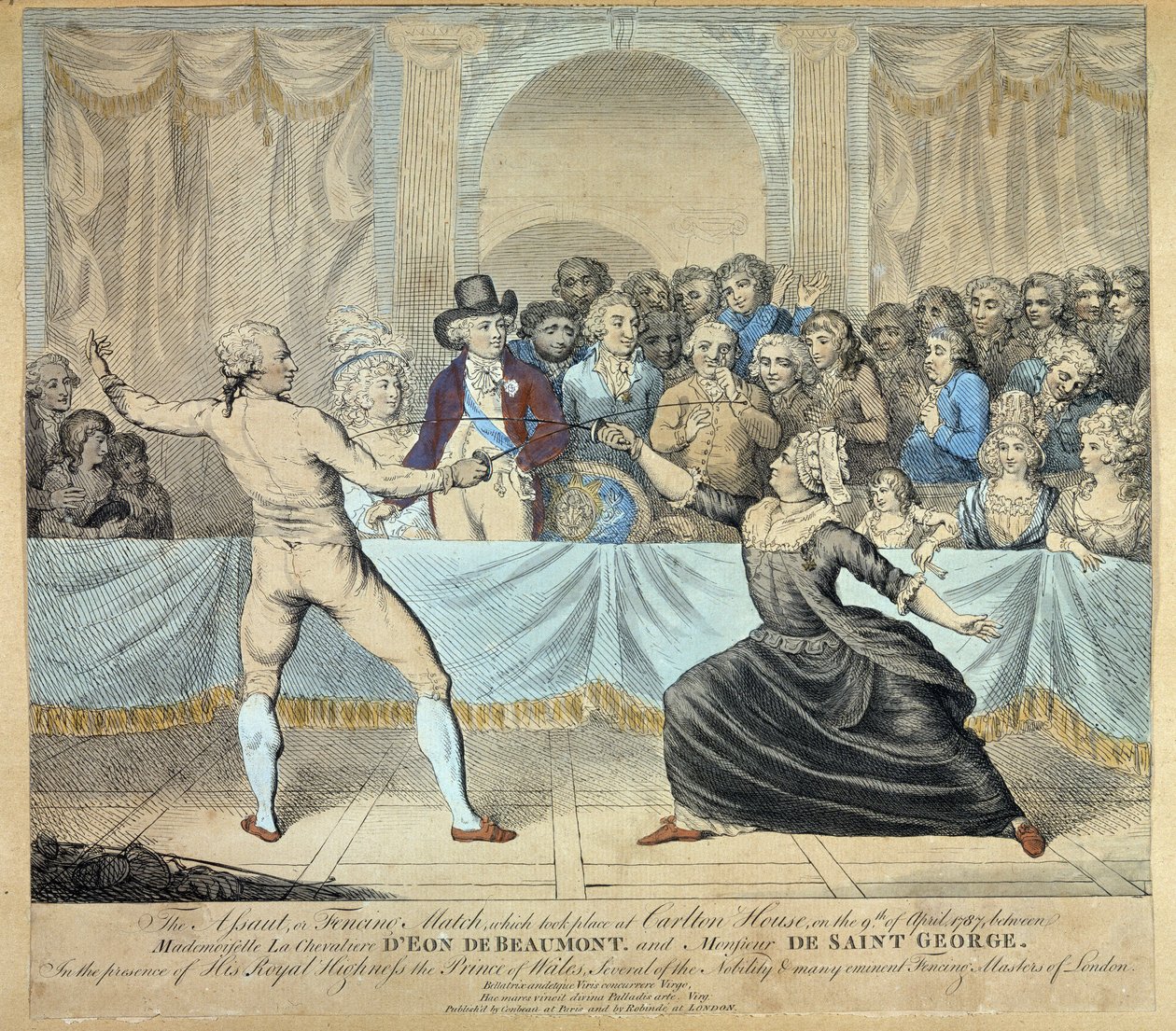 Luta de esgrima entre o cavaleiro de Eon de Beaumont e Monsieur de Saint George, 9 de Abril de 1787. Gravação de Unknown artist