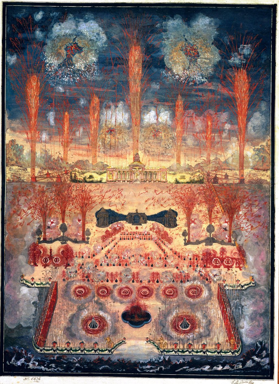 Fogos de artifício e iluminações em 16 de junho de 1744 em Moscou (Rússia). Obra anónima, aguarela e guache sobre cartolina, meados do século XVIII. arte rococó. Museu de História do Estado, Moscou. de Unknown artist