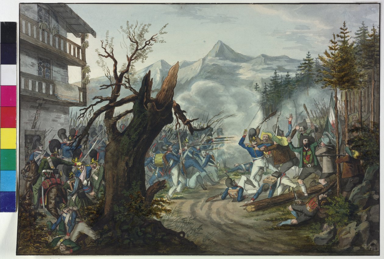 Combate entre soldados bávaros e camponeses tiroleses de Unknown artist