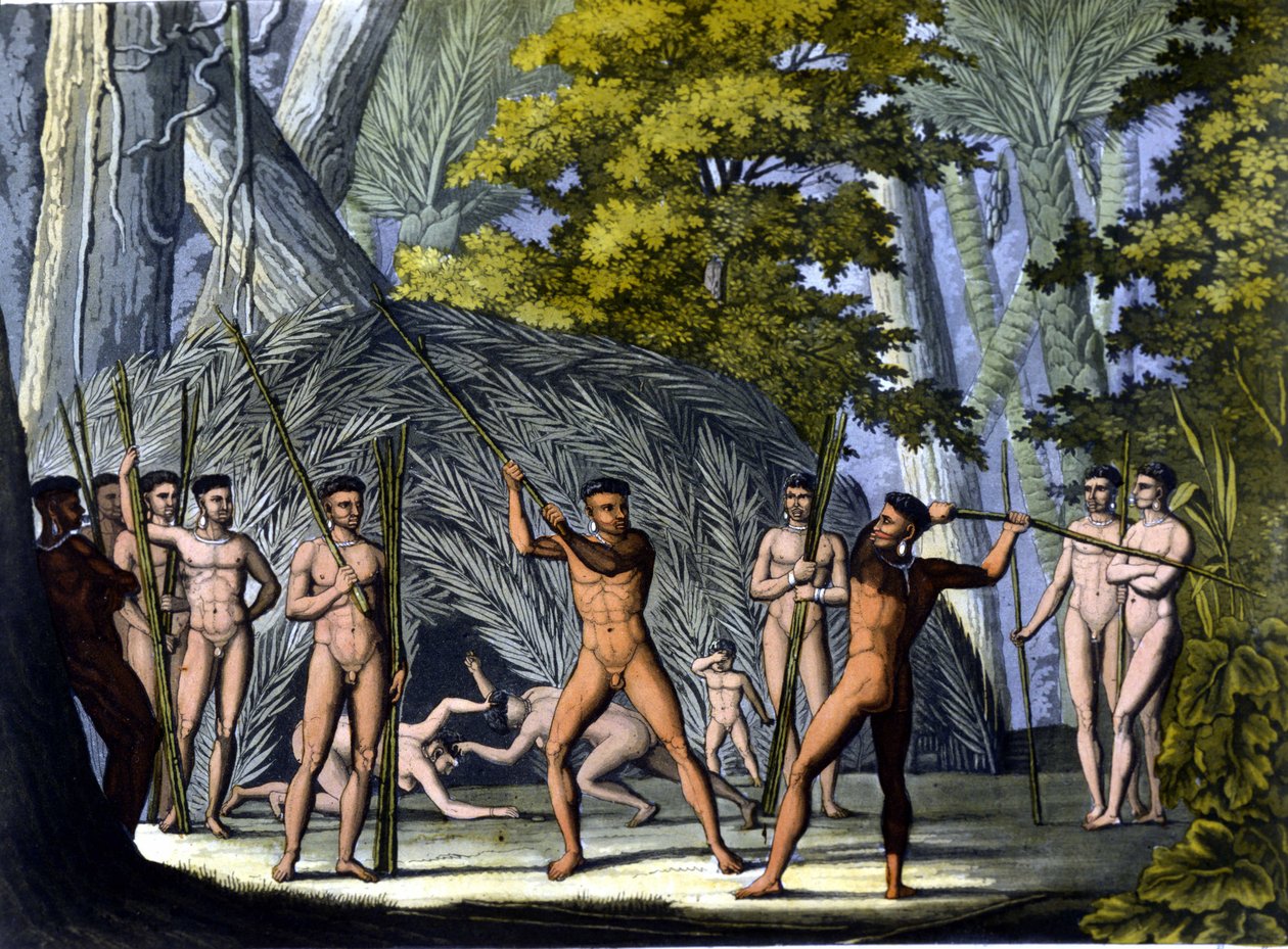 Luta entre botocudos, índios do Brasil - em "O traje antigo e moderno" de Ferrario, ed. Milão de Unknown artist