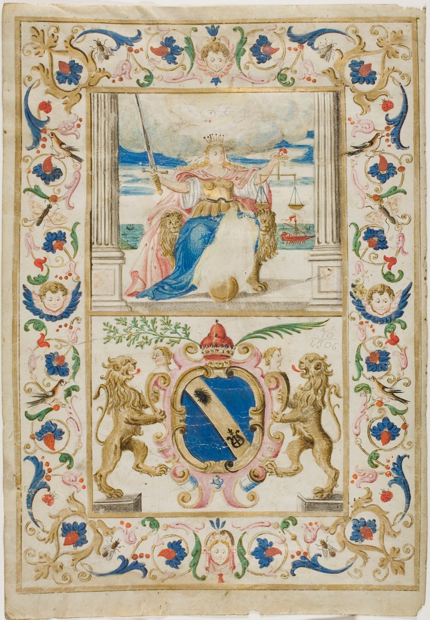 Figura da justiça e escudo com leões rampantes de Unknown artist