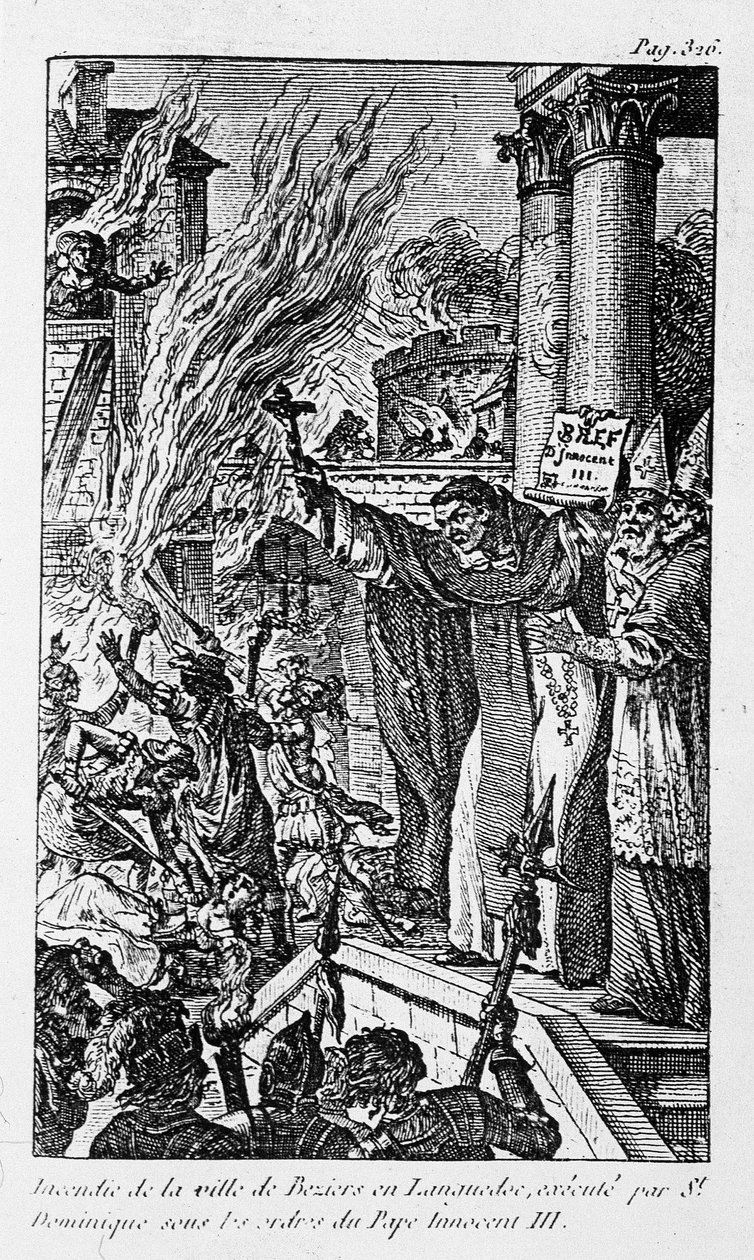 Incêndio da cidade de Béziers em Languedoc, executado por Santa Domingas sob as ordens do Papa Inocêncio III em "Os Crimes da Religião". de Unknown artist