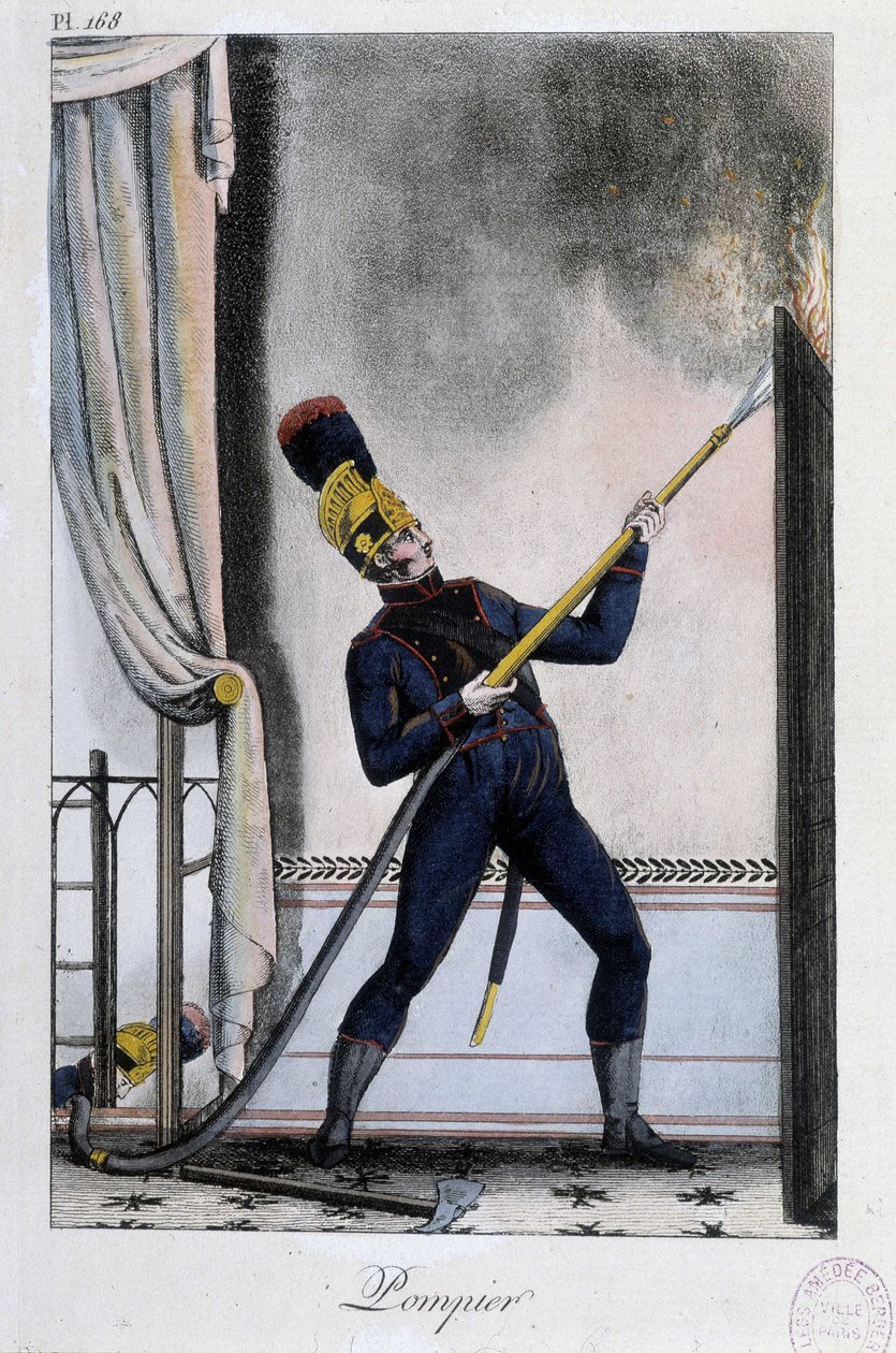 Bombeiro com lança de água, extinguindo um incêndio - ca. 1830 de Unknown artist