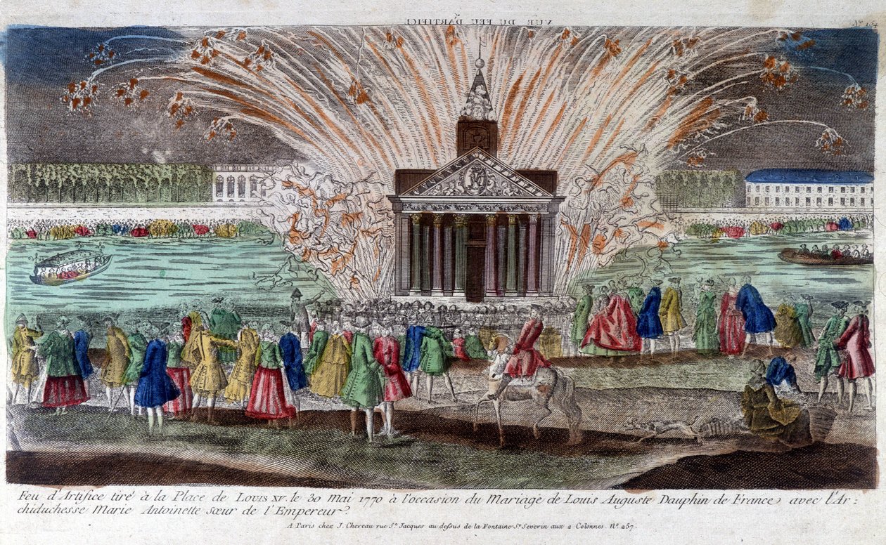 Fogos de artifício disparados na Praça de Luís XV em 30 de Maio de 1770, por ocasião do casamento de Luís Augusto, Dauphin de França com a Arquiduquesa Maria Antonieta, irmã do Imperador. Gravura de finais do século XVIII. de Unknown artist