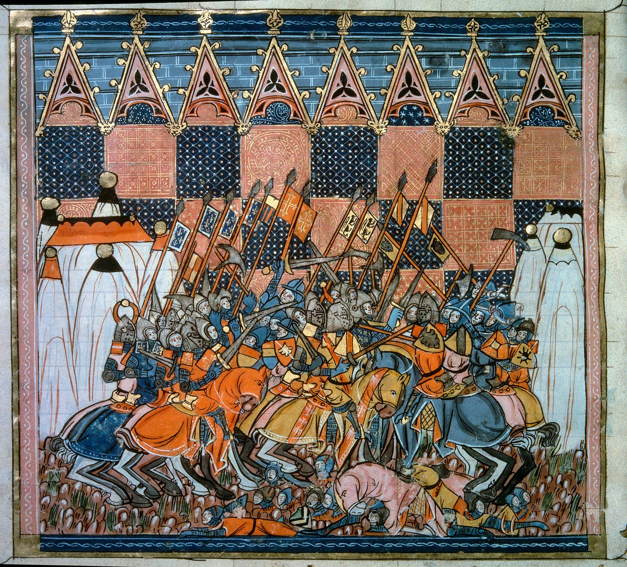 Primeira Cruzada: o cerco e a captura de Jerusalém pelas travessias conduzidas por Godefredo de Bouillon (1058-1100) em 1099. Miniatura de "Chronicles d