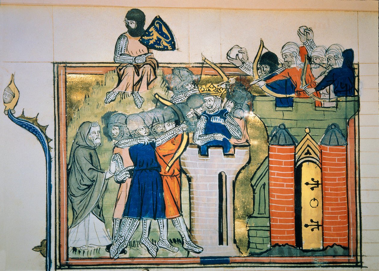 Primeira cruzada: Godefroi (ou Godefroy) de Bouillon (1058-1100) numa torre redonda atacou Jerusalém em 1099. Miniatura de "Roman De Godefroy De Bouillon et de Saladin". de Unknown artist
