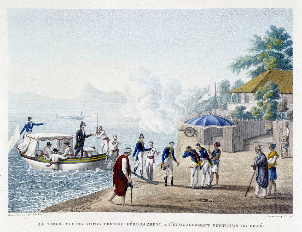 Primeiro descascamento dos franceses no assentamento português de Dille, na ilha de Timor. de Unknown artist