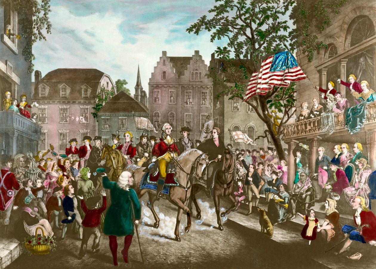 O primeiro da Guerra da Independência Americana: George Washington (1732-1799) entra triunfalmente em Nova York após a derrota inglesa de Unknown artist