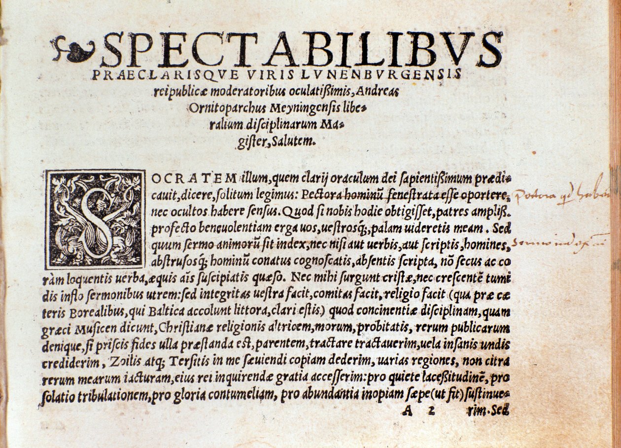 Primeira página do "De arte cantandi micrologus" de Andree Ornitoparchi (Andreas Ornithoparchus) 1533 Bologna, civico museo musicale de Unknown artist
