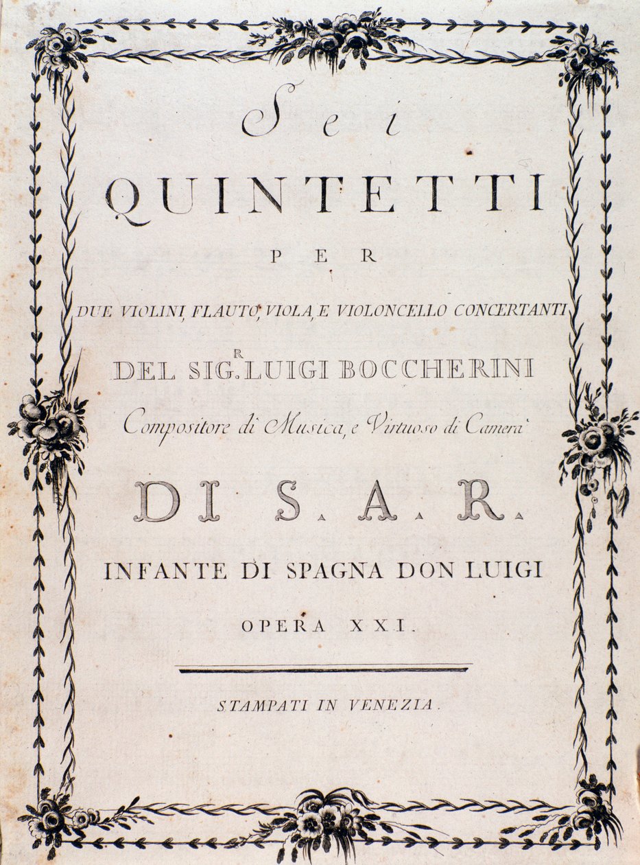 Primeira página da partitura musical de "" Seis quintetos para dois violinos, flauta de viola e violoncelo "" de Luigi Boccherini de Unknown artist