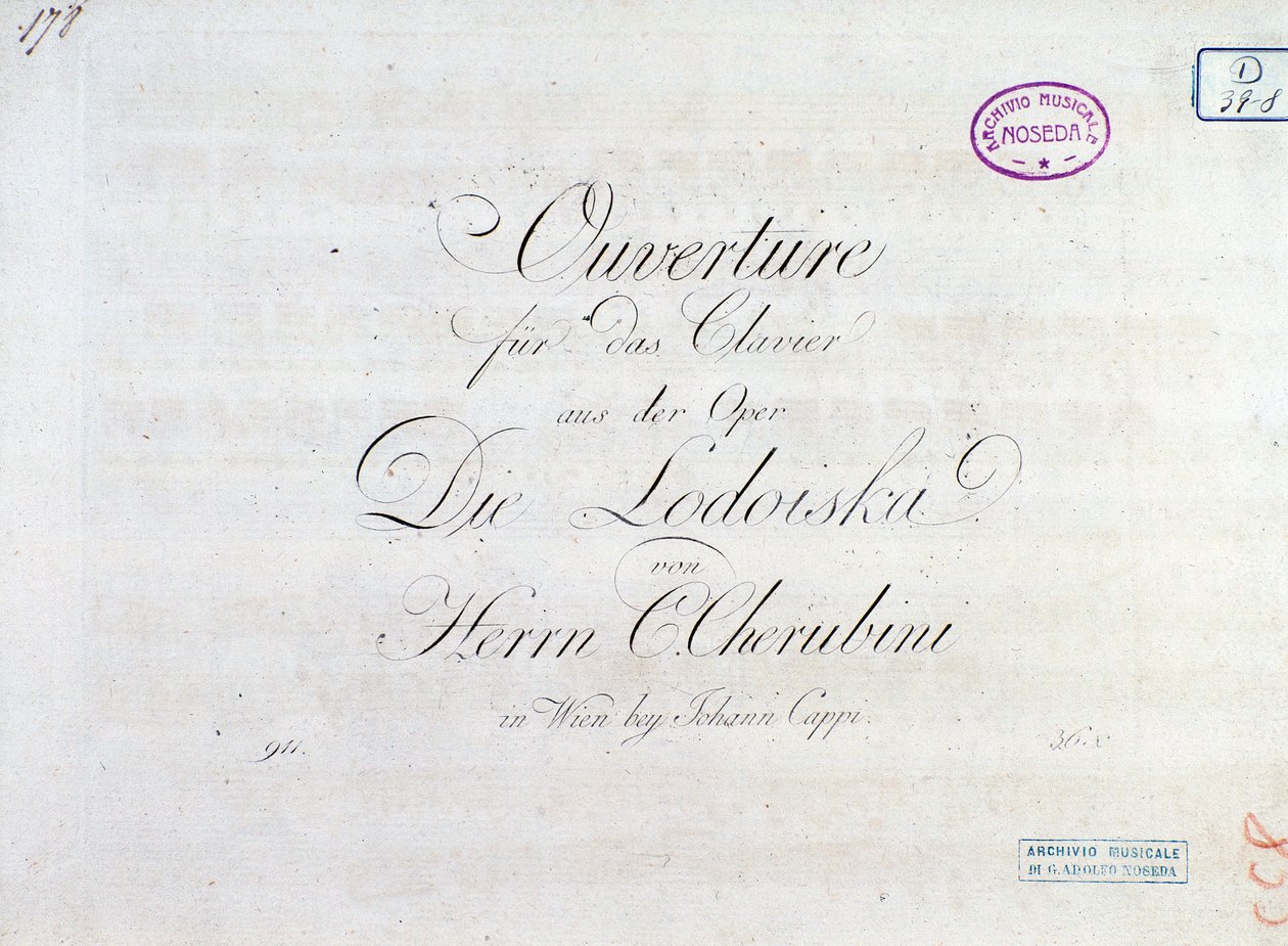 Primeira página da partitura musical de ouverture para pianoforte da ópera “” Lodoiska ”” de Luigi Cherubini de Unknown artist