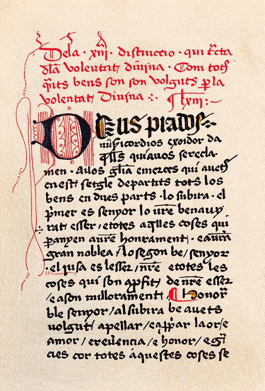 Primeira página da edição do "Livro da contemplação de Deus" (Llibre de la contemplacio de Deu) Filósofo e místico catalão Ramon Llull (Raymond Lulle de Unknown artist