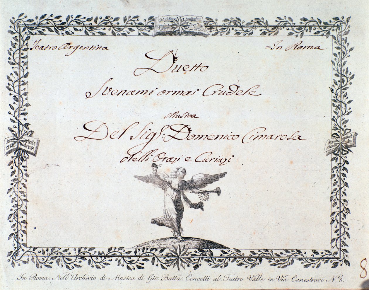 Primeira página da partitura musical de Svenami ormai crudele, em Gli Orazi e i Curiazi de Domenico Cimarosa, c. 1798 de Unknown artist