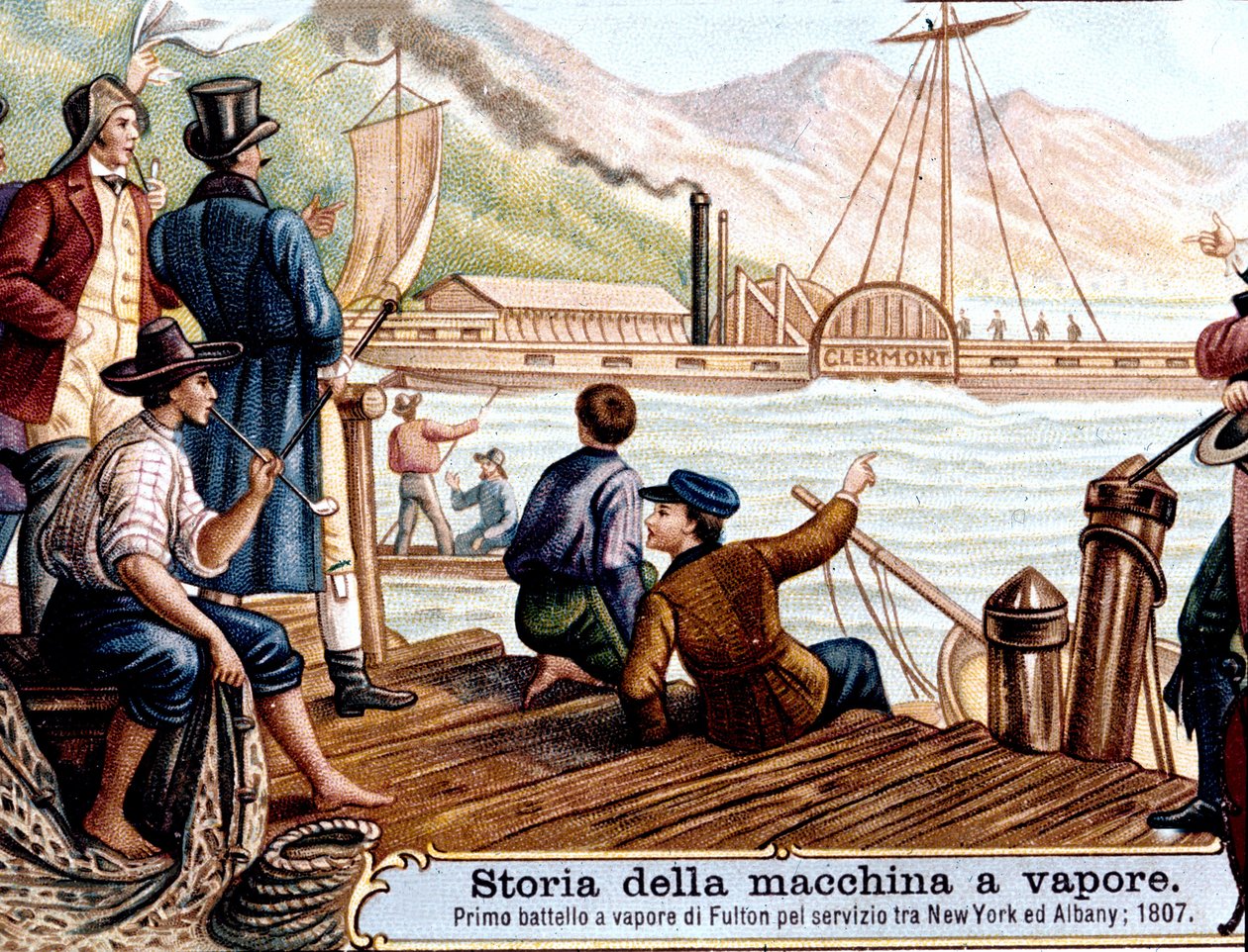 Primeira viagem do barco a vapor "Clermont" de Robert Fulton (1765-1815), engenheiro americano no rio Hudson, EUA de Unknown artist