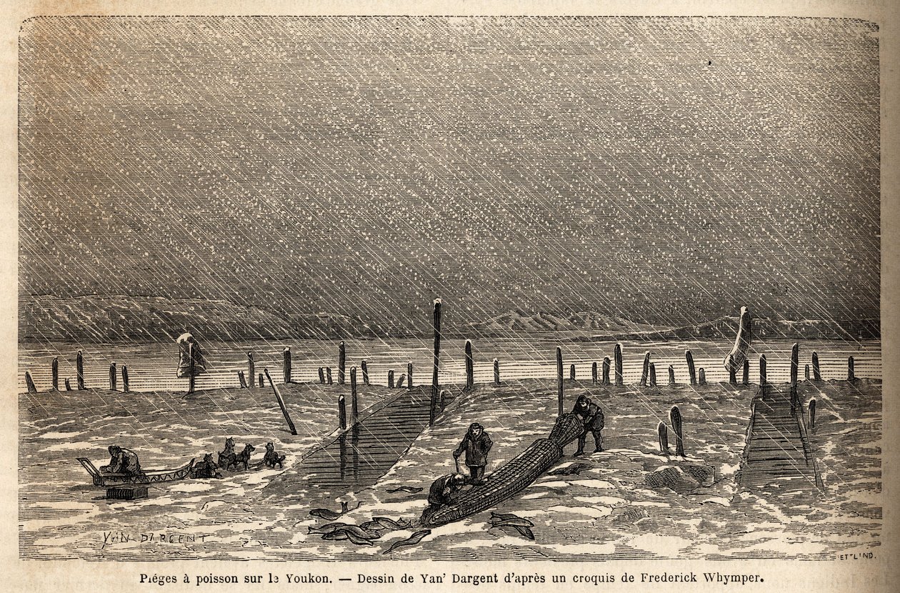 Armadilhas para peixes, colocadas nas margens do rio Yukon (extremo norte do Canadá). Gravura para ilustrar a viagem e aventuras na Colômbia inglesa, Ilha de Vancouver e Alasca, de Frederick Whymper de Unknown artist