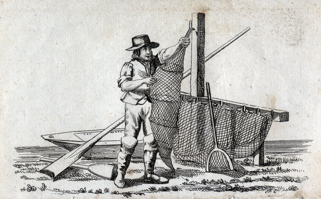 Pescador e rede de pesca. Gravura fina do século XVIII. Colecção privada. de Unknown artist
