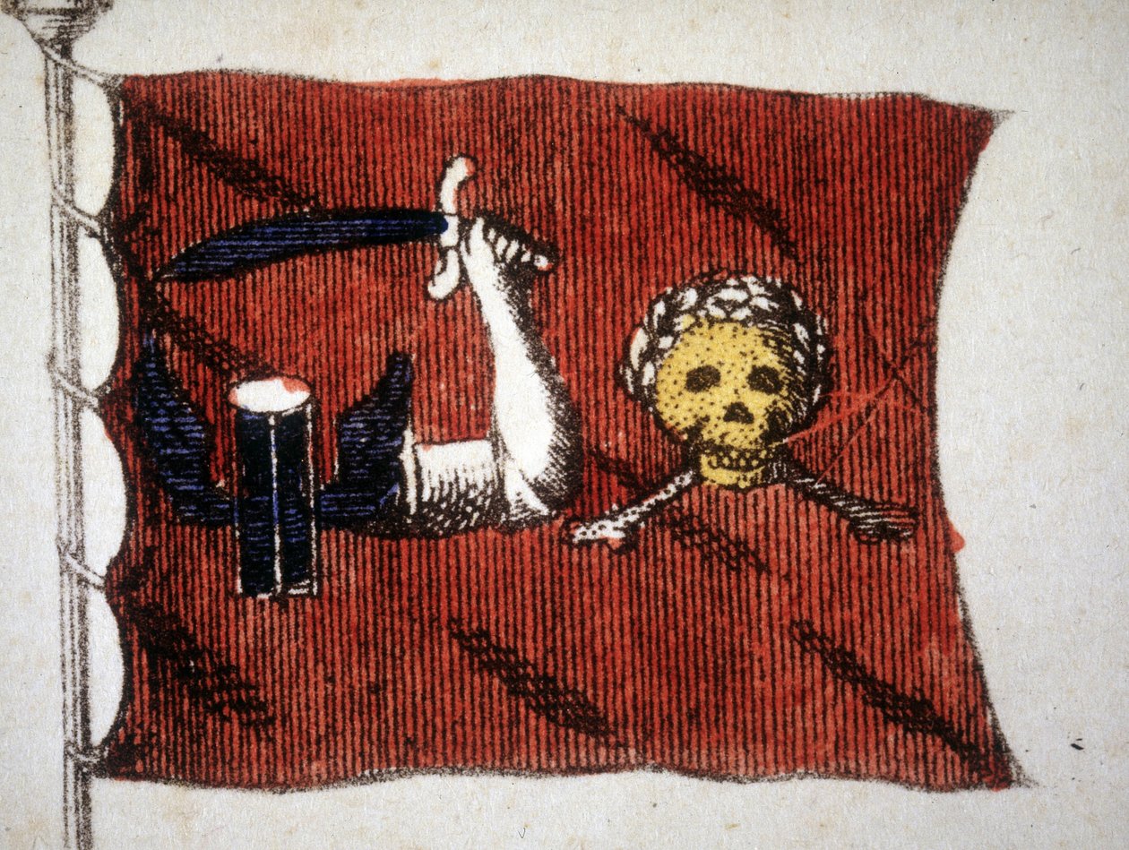 Bandeira dos piratas bárbaros, gravada em finais do século XVIII. de Unknown artist