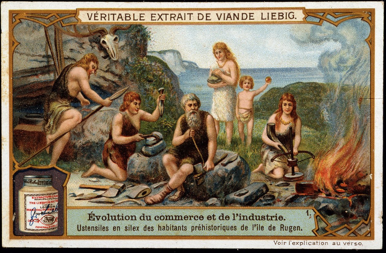 Utensílios de pedra dos habitantes pré-históricos da Ilha Rugen - Etiqueta publicitária Liebig de Unknown artist