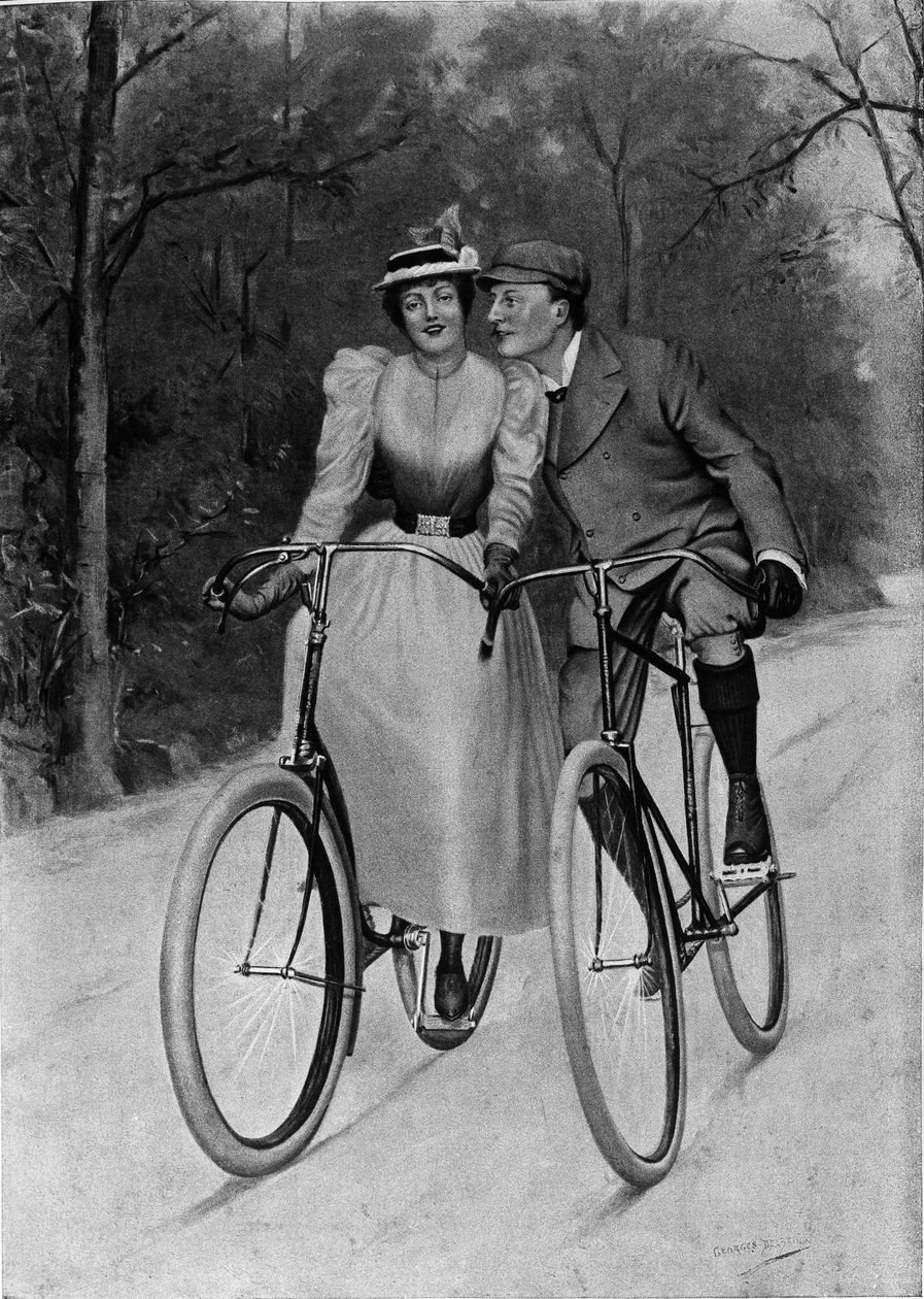 Flirt de fim de século: dupla uma bicicleta - gravura de Unknown artist