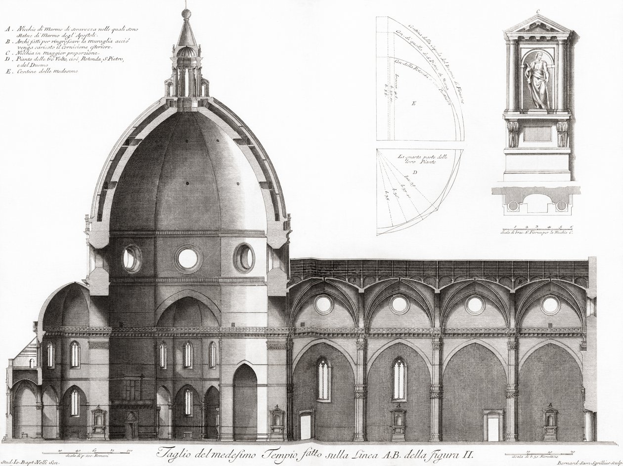 Florença, Itália. O Duomo ou catedral de Santa Maria del Fiori. Secção transversal da catedral. Depois de uma gravura do século XIX (gravura) de Unknown artist