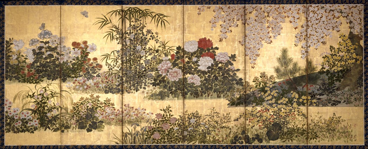Flores e borboletas (tinta, cor e folha de ouro sobre papel) de Unknown artist