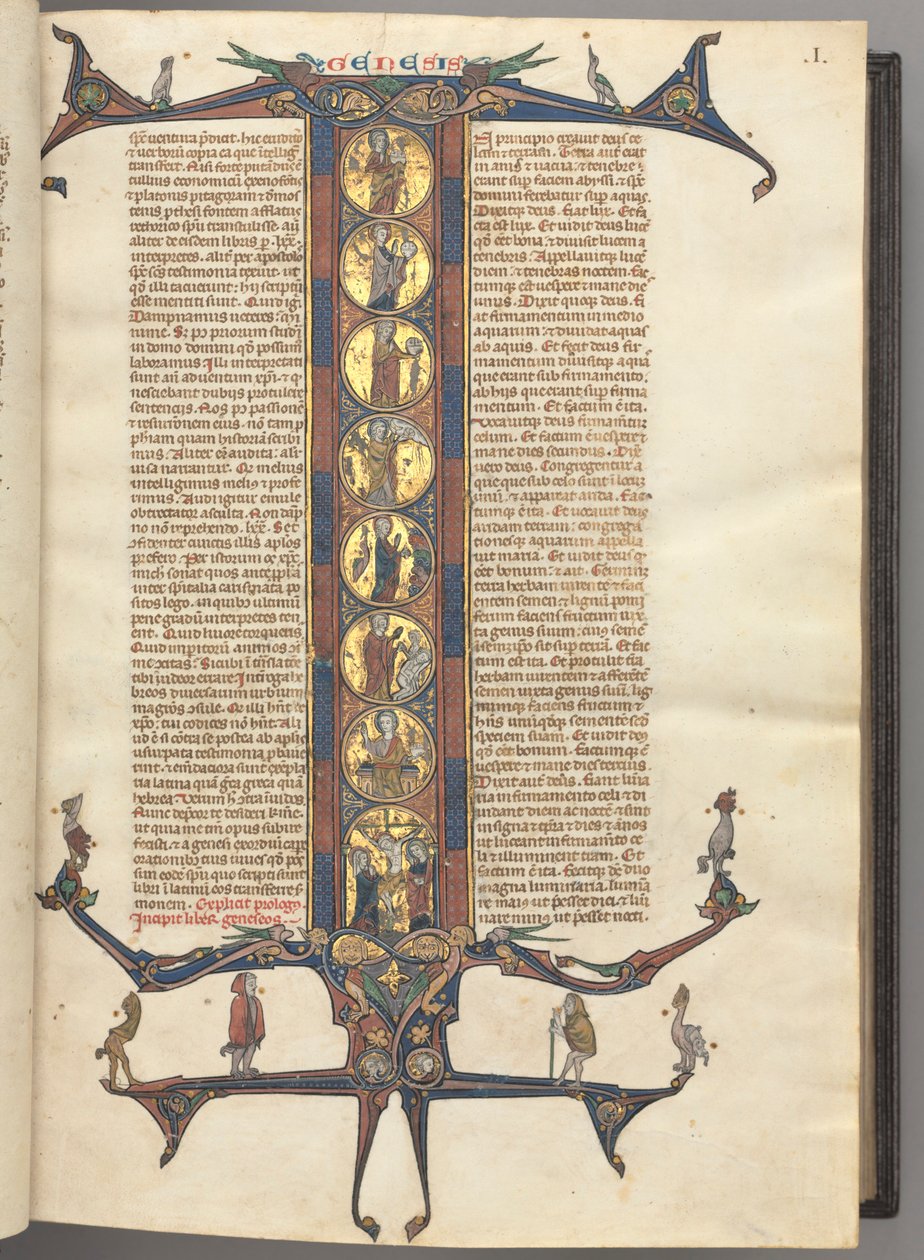 Fol. 1r, Génesis, com a inicial I historiada a todo o comprimento, representando a Criação e a Crucificação, tudo sobre fundo dourado polido, com molduras rosa e azul frisadas e prolongamentos em cúspide de dragão e folhagem na parte superior e inferior, s de Unknown artist