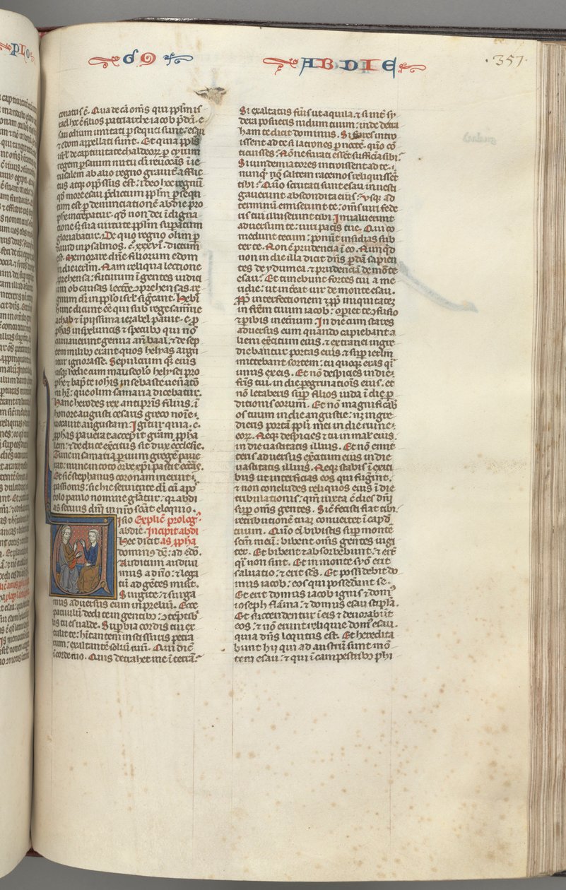 Fol. 357r, Obadias, inicial V historiada, Obadias e um judeu em discussão de Unknown artist
