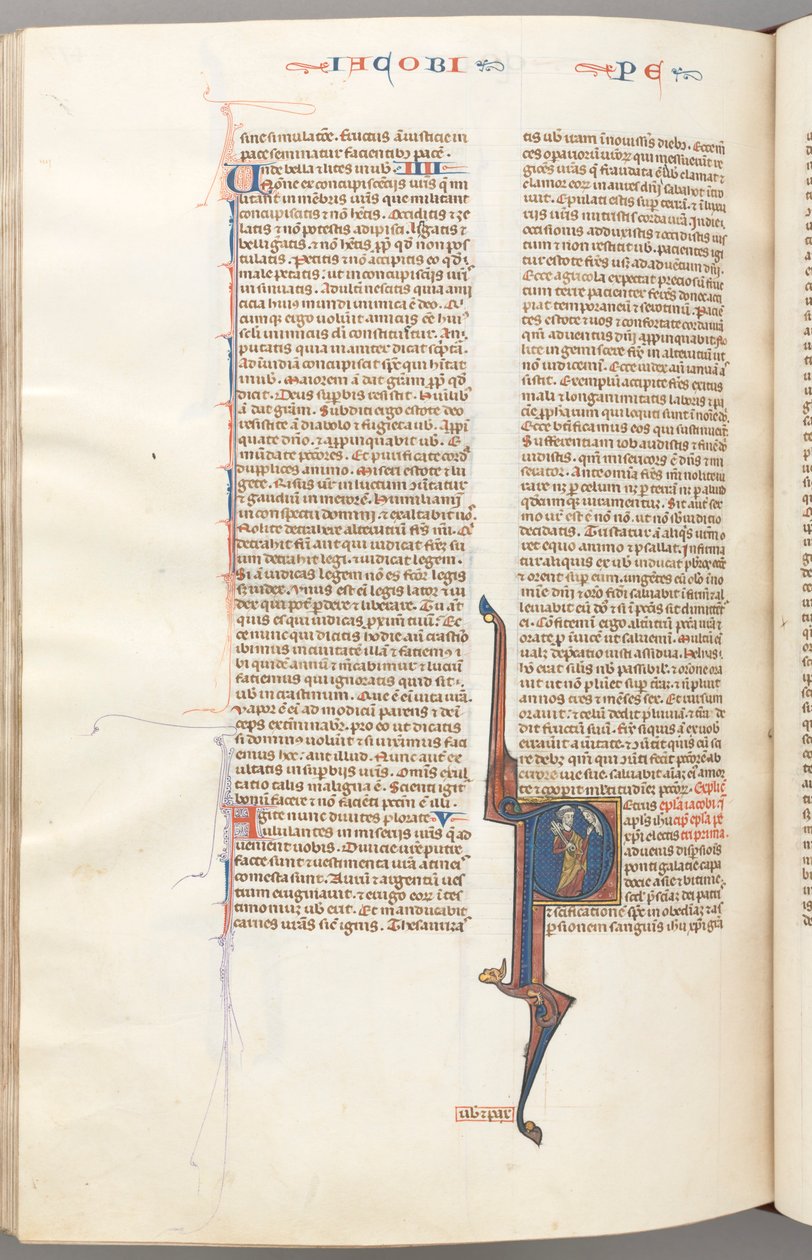 Fol. 477v, Pedro, inicial P historiada, Pedro com uma chave, falando com o busto de Deus acima de Unknown artist