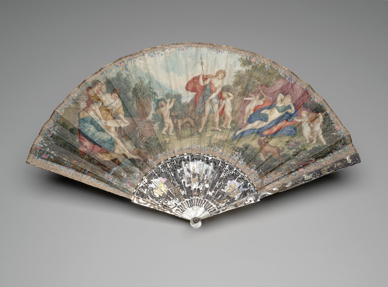 Leque dobrável com "Adônis liderado por Cupidos a Vênus", segundo Francesco Albani, monte c.1720s-1730s, guardas e varas c.1740s-1750s (guache e aquarela sobre folha dupla de velino, madrepérola, joia e gema de pasta ) de Unknown artist