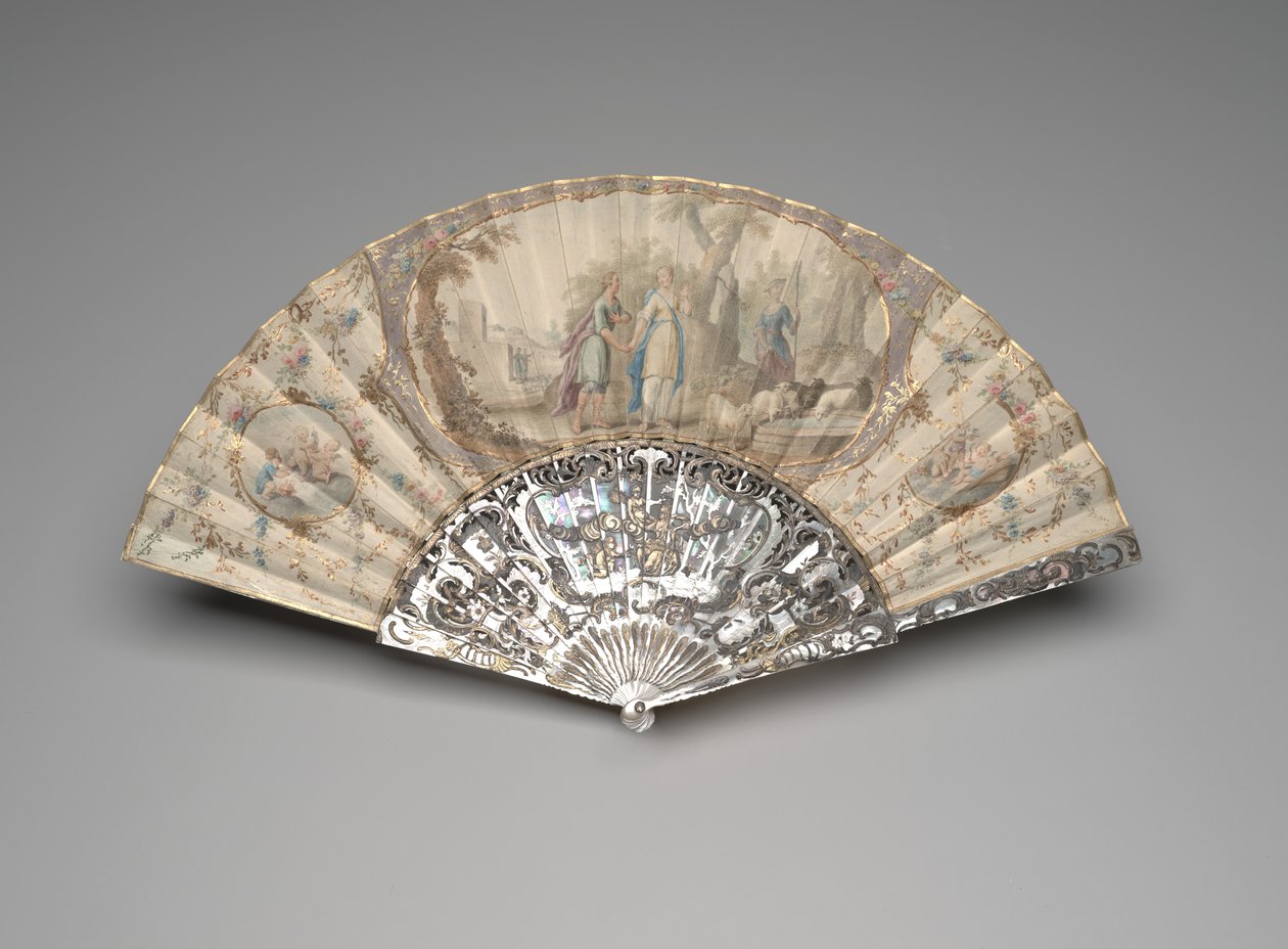 Leque dobrável com Jacob encontrando-se com Rachel perto do poço, c.1760s-70s (guache e aquarela em uma única folha de pergaminho, madrepérola, douramento e gemas de pasta) de Unknown artist