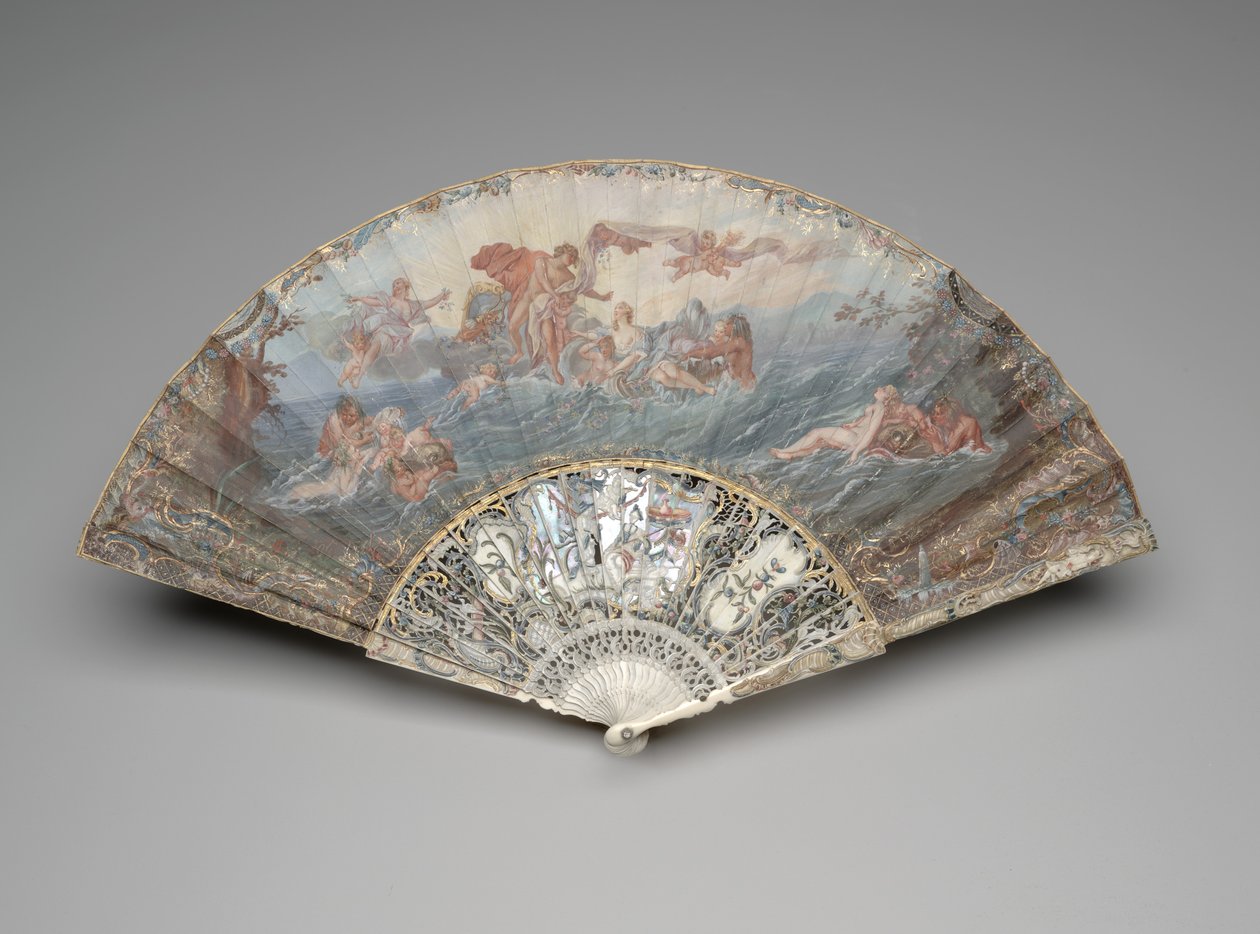 Leque dobrável com "O Pôr do Sol", segundo François Boucher, depois de 1753 (guache & w - c em folha única de pergaminho, marfim, douramento, guache, madrepérola e gemas em pasta) de Unknown artist