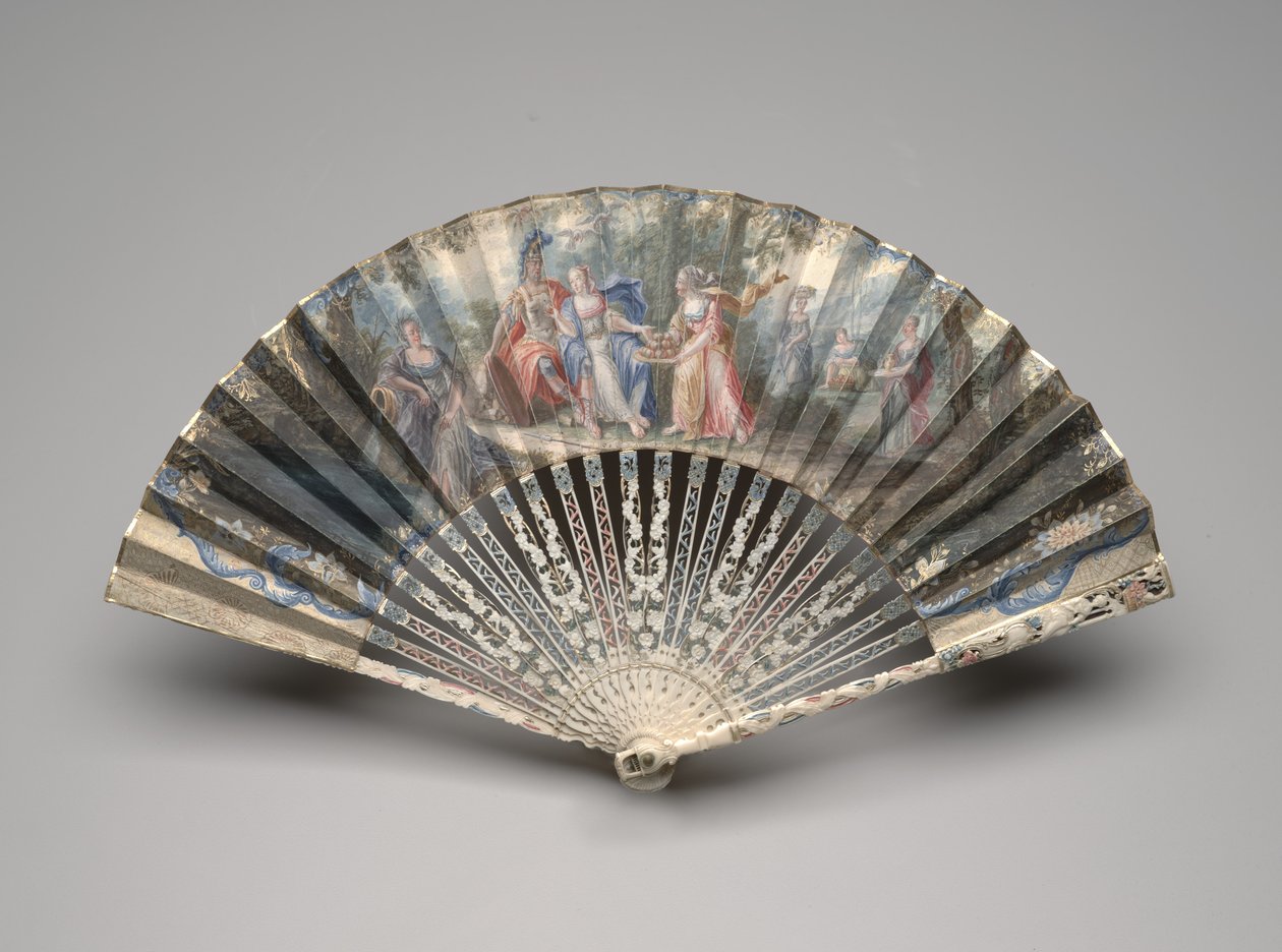 Leque dobrável com tema clássico, possivelmente uma alegoria do casamento, c.1750s-60s (guache em folha de pergaminho, marfim, douramento, guache e latão) de Unknown artist