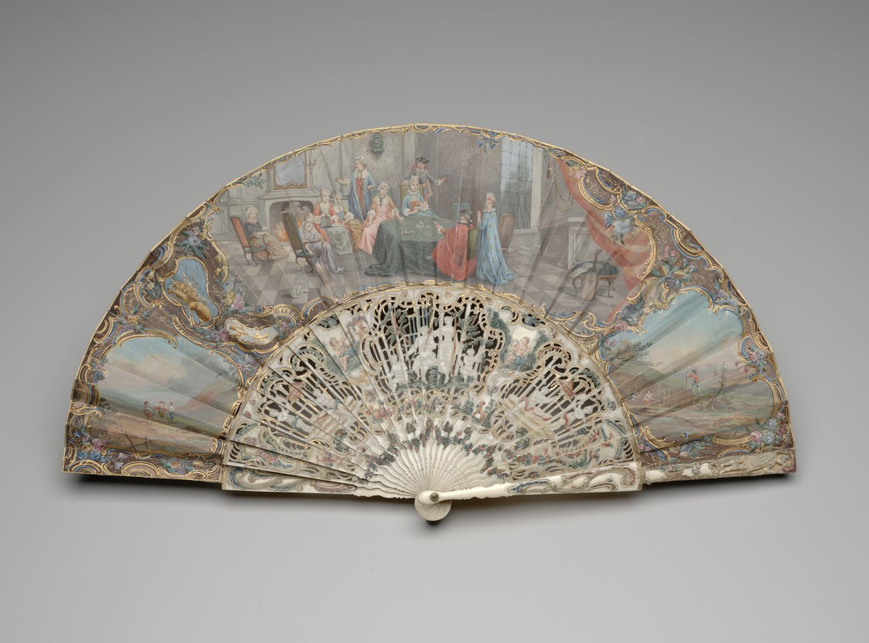 Leque dobrável com uma cena de jogadores de cartas em um interior moderno, c.1740s-50s (guache e aquarela em folha única de pergaminho, marfim ou osso, douramento, guache, seda e latão) de Unknown artist